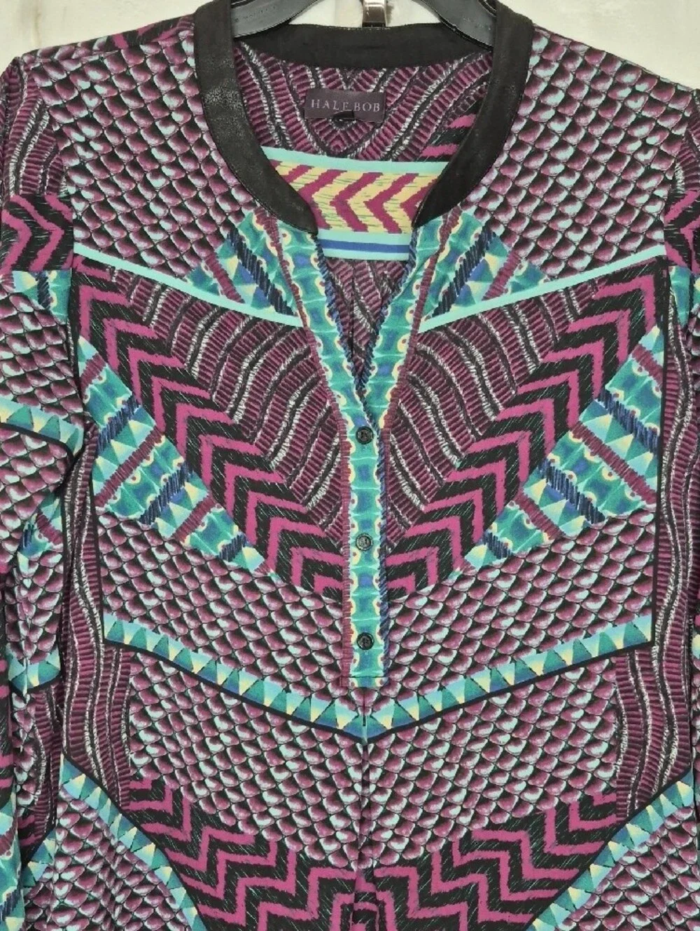 Hale Bob Geometric Chevron‎ V-Neck Shift Dress Purple Pink Teal Blue Large